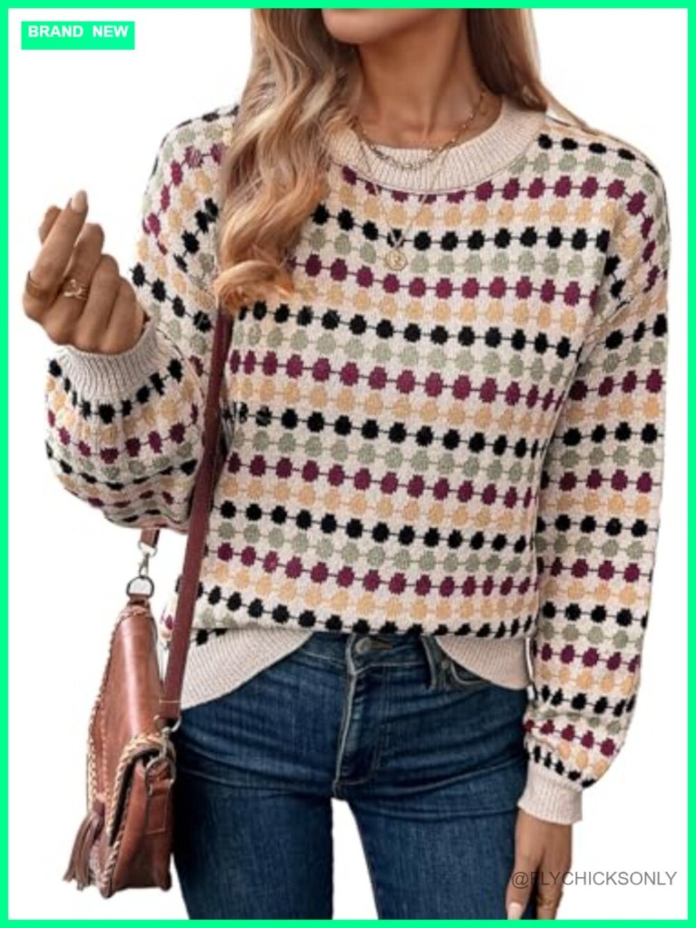 Women's Polka Dot Sweater Pullover Long Sleeve Crew Neck Loose Fit Casual